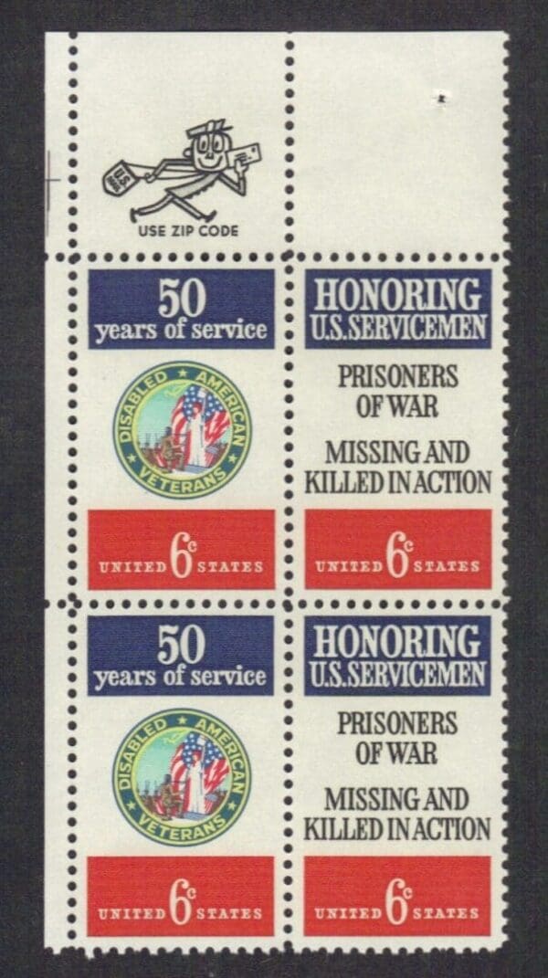 Scott# 1421-22 "DAV-POW SERVICEMEN" MNH ZIP BLOCK (4)