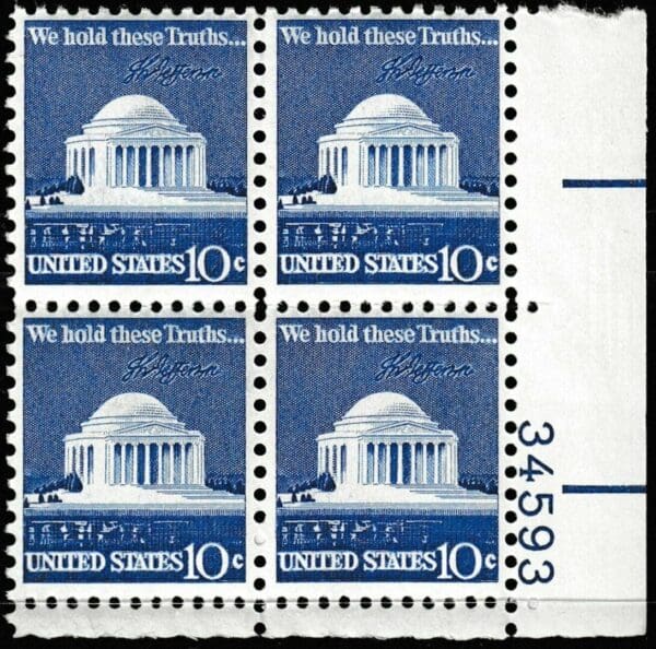 Scott# 1510 "JEFFERSON MEMORIAL" PLATE BLOCK (4) MNH, NICELY CENTERED