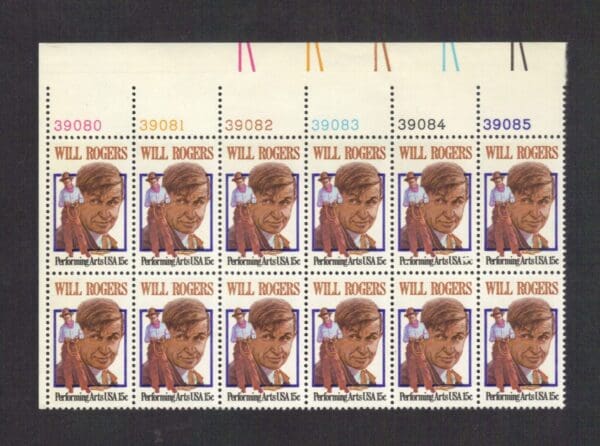 Scott# 1801 "WILL ROGERS - HUMORIST" PLATE BLOCK (12) MNH