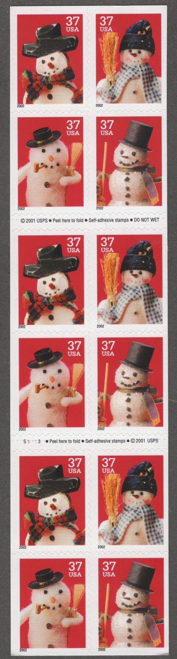 Scott# 3684-87 (3687b) "HOLIDAY SNOWMEN" UNFOLDED BKLET (20) P# S1113 - Image 2