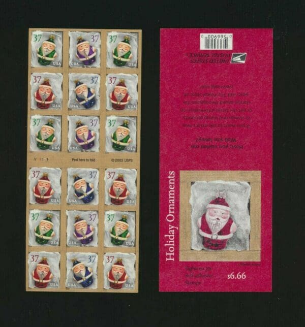 Scott# 3891-94  (3894b) SANTA ORNAMENTS" S/A ATM BOOKLET (18) MNH