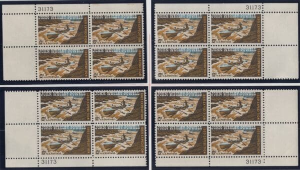 Scott# 1374 "JOHN WESLEY POWELL" MNH MATCHED PLATE BLOCK (4) SET, P# 31173