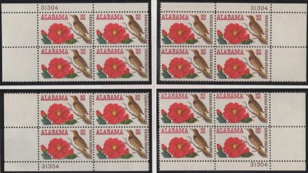 Scott# 1375 "ALABAMA STATEHOOD" MNH MATCHED PLATE BLOCK (4) SET, P#31304