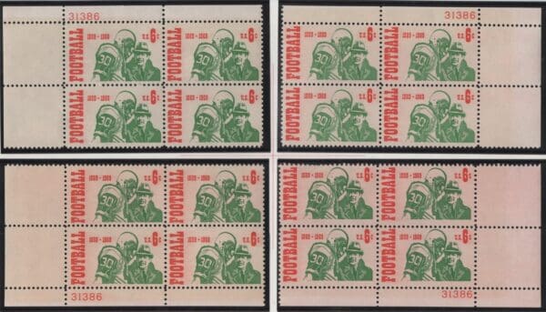 Scott# 1382 "FOOTBALL" MNH MATCHED PLATE BLOCK (4) SET, P# 31386