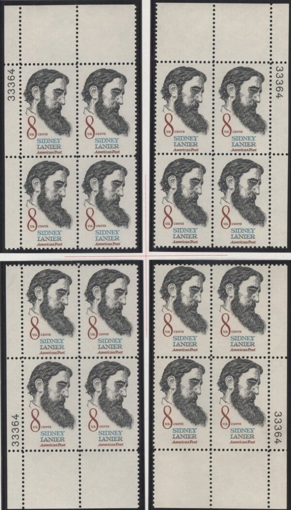 Scott# 1446 SIDNEY LANIER MNH MATCHED PLATE BLOCK (4) SET P# 33364