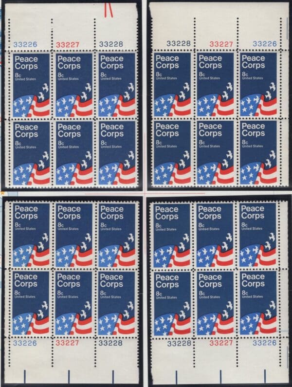 Scott# 1447 "PEACE CORPS" MNH MATCHED PLATE BLOCK (6) SET, P# 33226-28