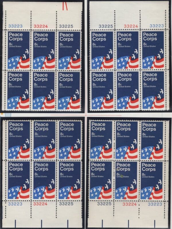 Scott# 1447 "PEACE CORPS" MNH MATCHED PLATE BLOCK (6) SET, P# 33223-25