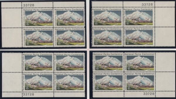 Scott# 1454 "MOUNT McKINLEY" MATCHED PLATE BLOCK (4) SET, PLATE # 33728