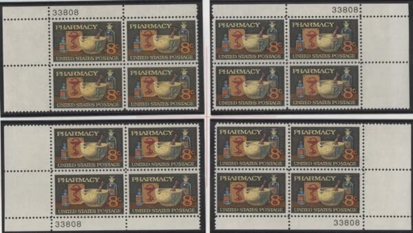 Scott# 1473 "PHARMACY" MATCHED PLATE BLOCK (4) SET, MNH P# 33808