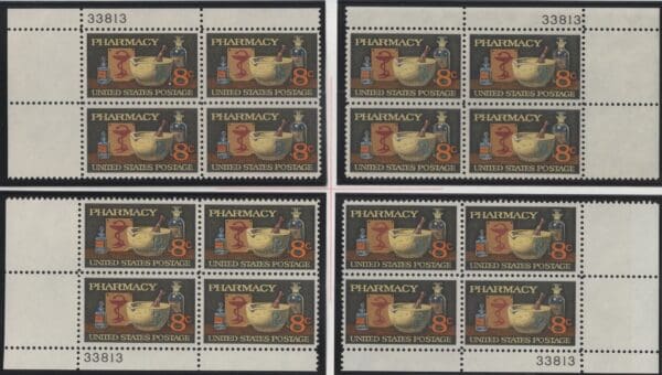 Scott# 1473 "PHARMACY" MATCHED PLATE BLOCK (4) SET, MNH P# 33813