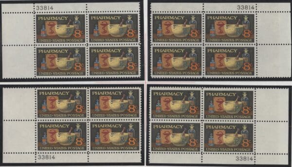 Scott# 1473 "PHARMACY" MATCHED PLATE BLOCK (4) SET, MNH P# 33814