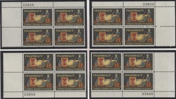 Scott# 1473 "PHARMACY" MATCHED PLATE BLOCK (4) SET, MNH P# 33856