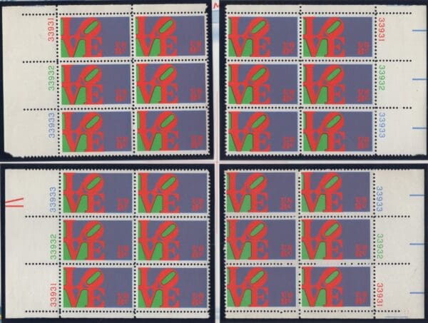 Scott# 1475 "LOVE" MNH MATCHED PLATE BLOCK (6) SET, P# 33931-33933