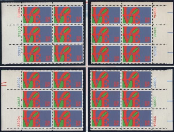 Scott# 1475 "LOVE" MNH MATCHED PLATE BLOCK (6) SET, P# 33934-33937