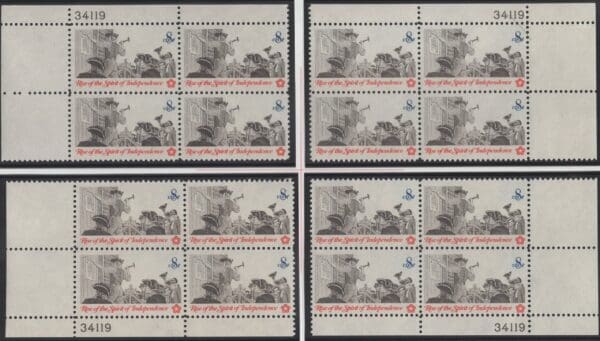 Scott# 1477 "POSTING a BROADSIDE" MNH MATCHED PLATE BLOCK (4) SET P# 34119