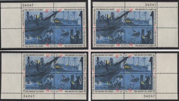 Scott# 1480-83 "BOSTON TEA PARTY" MNH MATCHED PLATE BLOCK (4) SET, PLATE # 34227