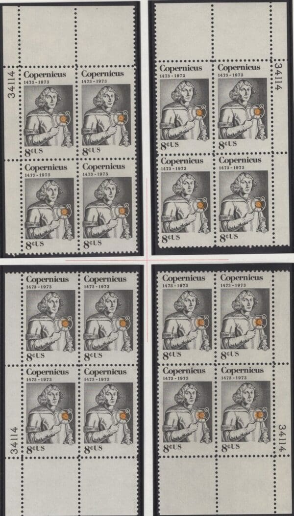 Scott# 1488 "COPERNICUS-POLISH ASTRONOMER" MNH MATCHED PLATE BLOCK (4) SET P# 34114