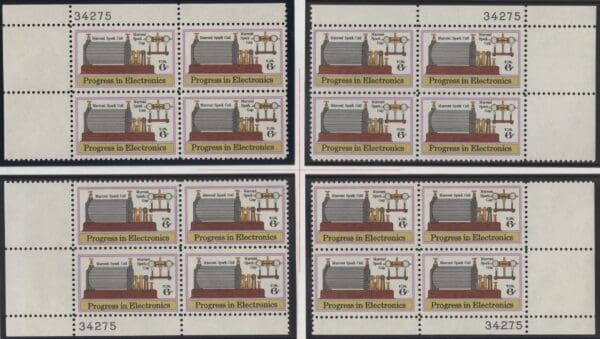 Scott# 1500 "PROGRESS IN ELECTRONICS" MNH MATCHED PLATE BLOCK (4) SET P#34275