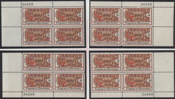 Scott# 1501 "PROGRESS IN ELECTRONICS" MNH MATCHED PLATE BLOCK (4) SET P# 34249