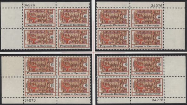 Scott# 1501 "PROGRESS IN ELECTRONICS" MNH MATCHED PLATE BLOCK (4) SET P# 34276