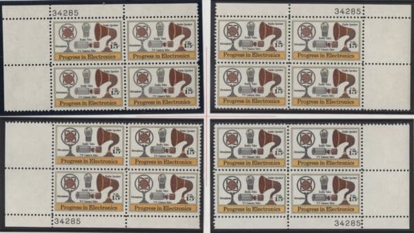 Scott# 1502 "PROGRESS IN ELECTRONICS" MNH MATCHED PLATE BLOCK (4) SET P# 34285