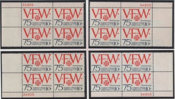 Scott# 1525 "VFW ANNIVERSARY" MATCHED PLATE BLOCK SET (4) P# 34905