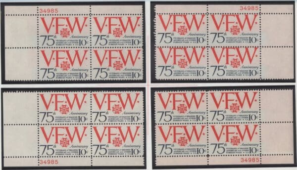 Scott# 1525 "VFW ANNIVERSARY" MATCHED PLATE BLOCK SET (4) P# 34985