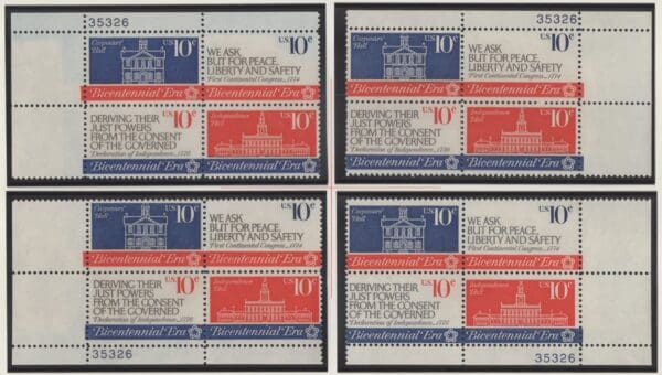 Scott# 1543-46 AMERICAN REVOLUTION BICENTENNIAL MATCHED PLATE BLOCK (4) SET P# 35326