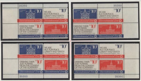 Scott# 1543-46 AMERICAN REVOLUTION BICENTENNIAL MATCHED PLATE BLOCK (4) SET P# 35350