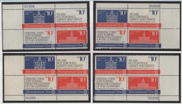 Scott# 1543-46 AMERICAN REVOLUTION BICENTENNIAL MATCHED PLATE BLOCK (4) SET P# 35358