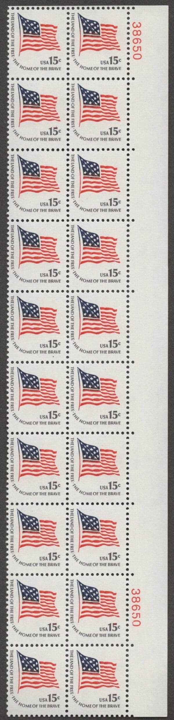 Scott# 1597 "FORT McHENRY FLAG" MNH FLOATING PLATE STRIP (20)