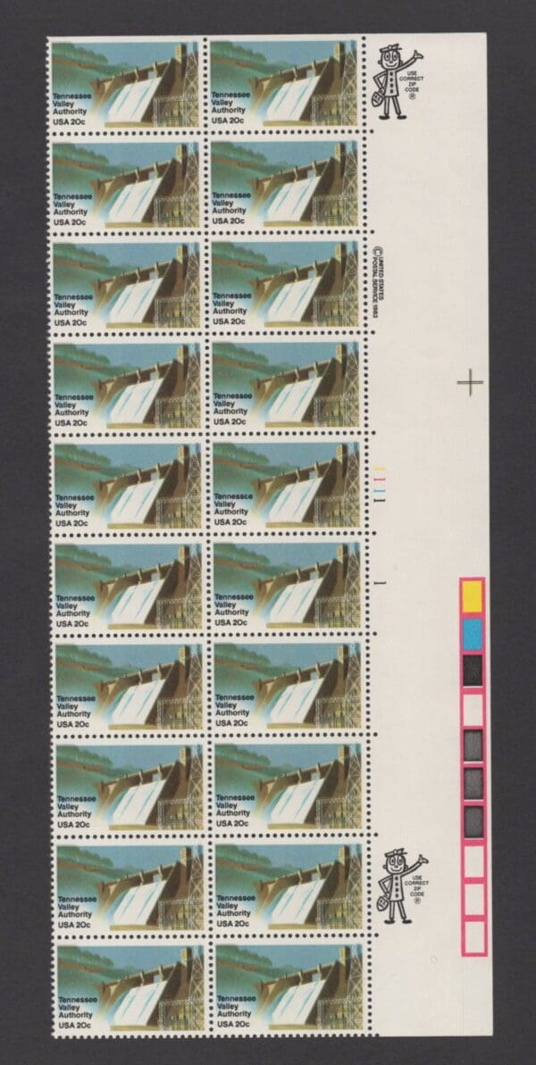 Scott# 2042 "TENNESSEE VALLEY AUTHORITY" FLOATING PLATE# STRIP (20) MNH