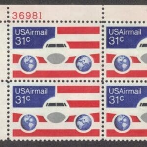 Scott# C90 "PLANE & GLOBES WITH US FLAG" PLATE BLOCK (4) MNH