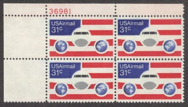 Scott# C90 "PLANE & GLOBES WITH US FLAG" PLATE BLOCK (4) MNH