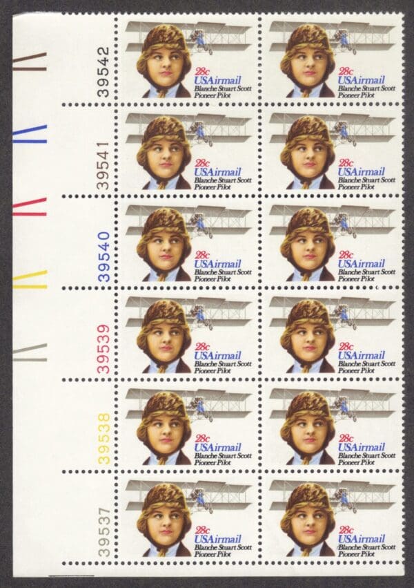 Scott# C99 "BLANCHE STUART SCOTT - PILOT" PLATE BLOCK (12) MNH