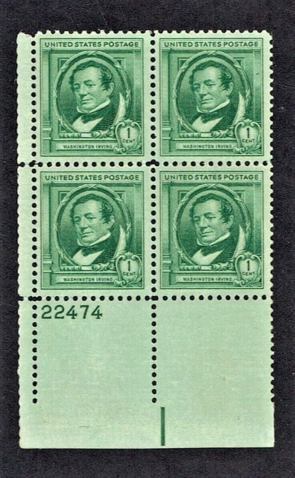 Scott# 859 "FAMOUS AMERICANS - WASHINGTON IRVING" PLATE BLOCK (4) MNH