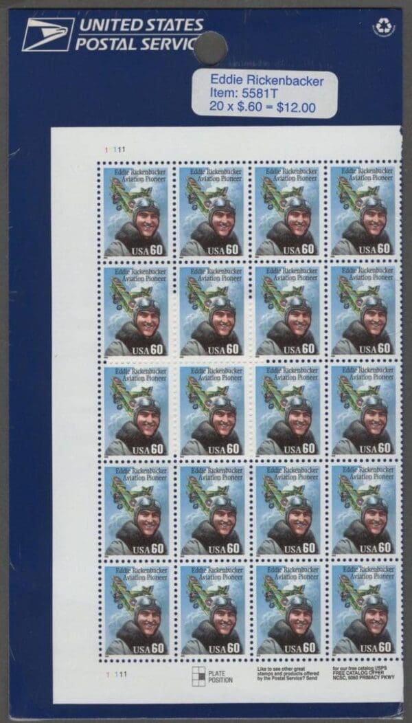 Scott# 2998 EDDIE RICKENBACKER PLATE BLOCK (20) IN SEALED USPS PKG