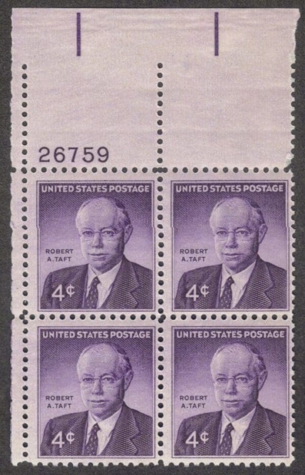 Scott# 1161 "ROBERT A TAFT" PLATE BLOCK (4) MINT, NICELY CENTERED