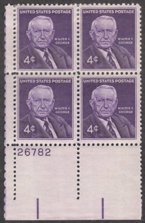 Scott# 1170 "WALTER F GEORGE - SENATOR" MINT PLATE BLOCK (4)