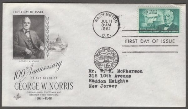 Scott# 1184 "G W NORRIS-SENATOR" ARTCRAFT FIRST DAY COVER