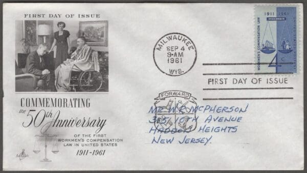 Scott# 1186 "WORKMEN'S COMPENSATION 50TH ANNIV." FIRST DAY COVER