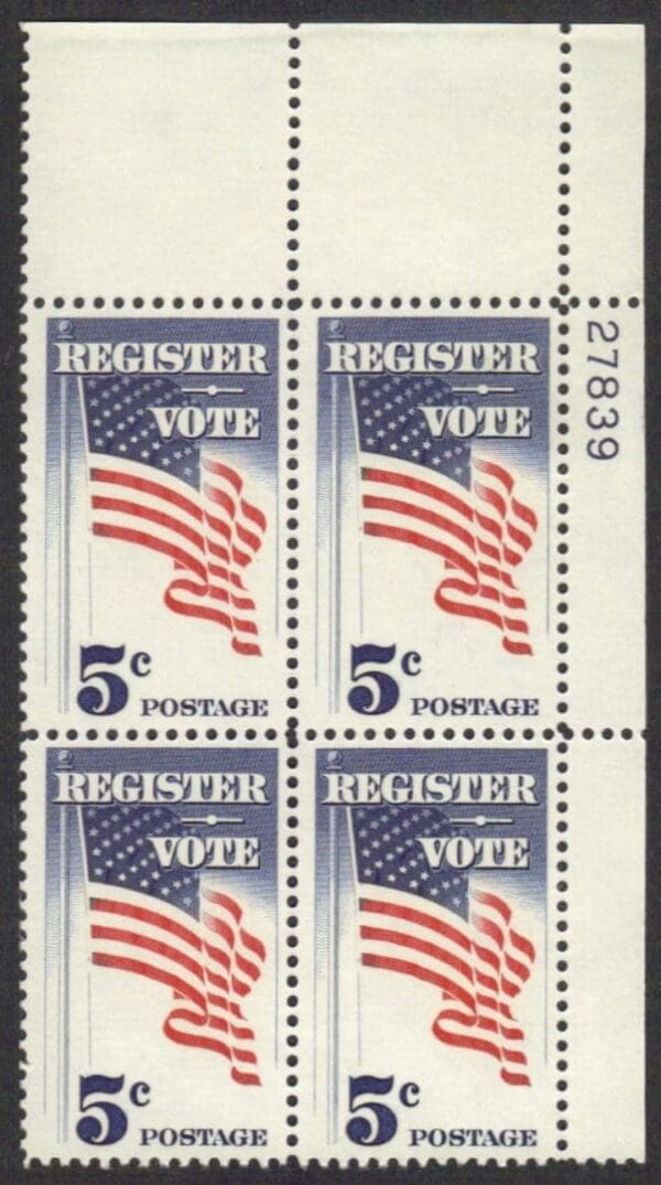 Scott# 1249 "REGISTER TO VOTE" MNH PLATE BLOCK (4) NICELY CENTERED