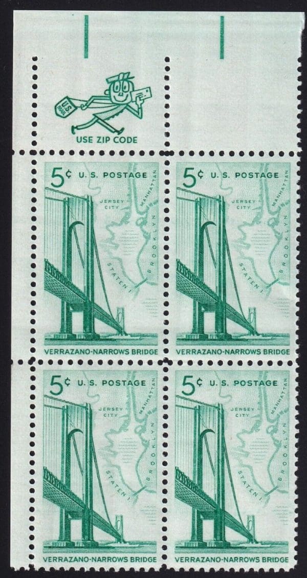 Scott# 1258 "VERRAZANO BRIDGE" MNH ZIP BLOCK (4) NICELY CENTERED