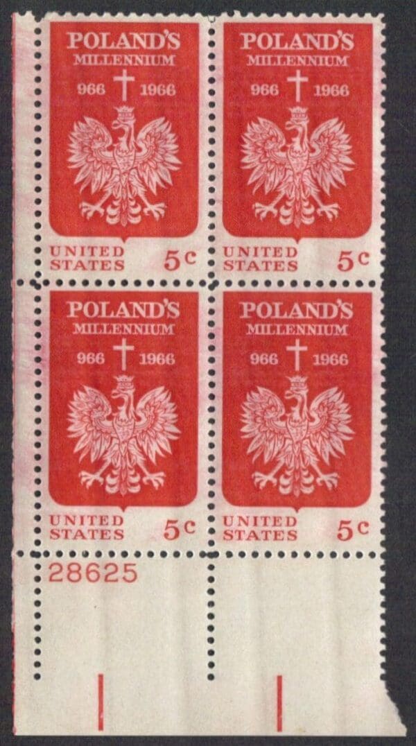 Scott# 1313 "POLAND'S MILLENNIUM - EAGLE & CROSS" MINT PLATE BLOCK (4)