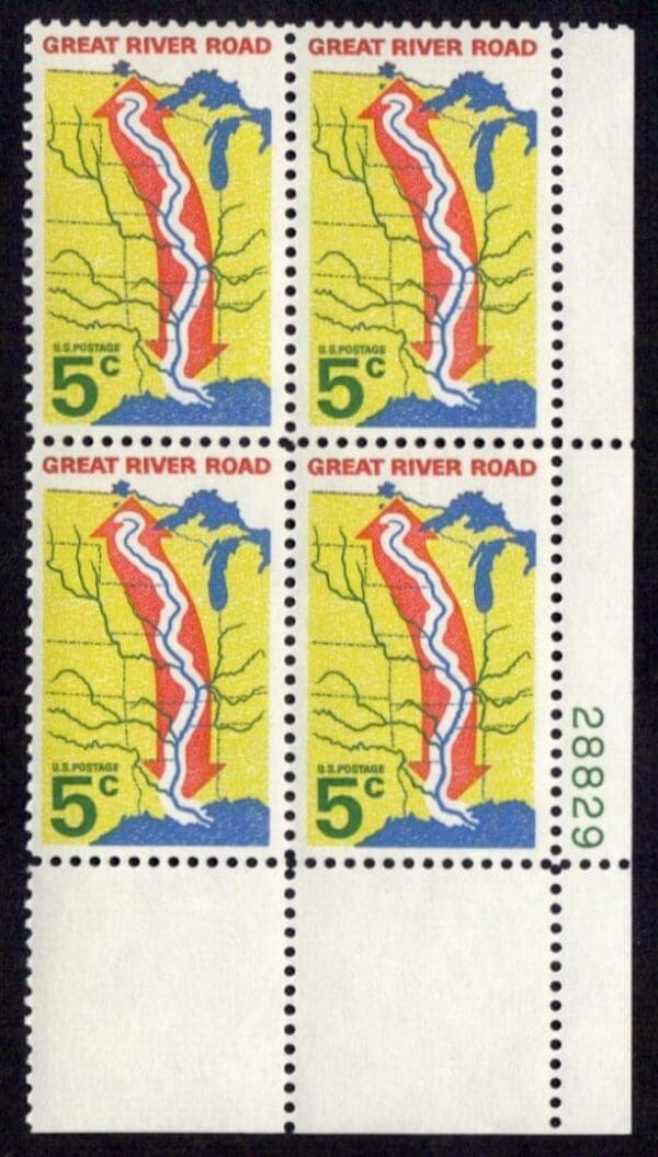 Scott# 1319 "GREAT RIVER ROAD" MINT PLATE BLOCK (4) NICELY CENTERED