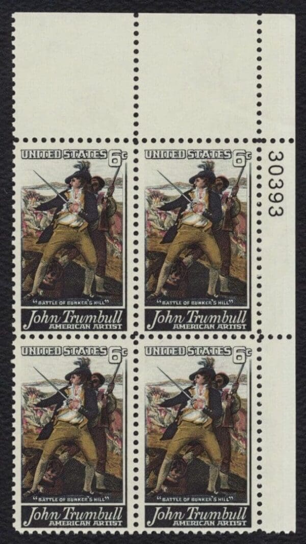 Scott# 1361 "J TRUMBULL - ARTIST - BUNKER HILL" PLATE BLOCK (4) MNH