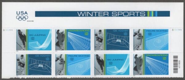 Scott# 3552-55 "WINTER SPORTS" MNH PLATE BLOCK (8) W/HEADER