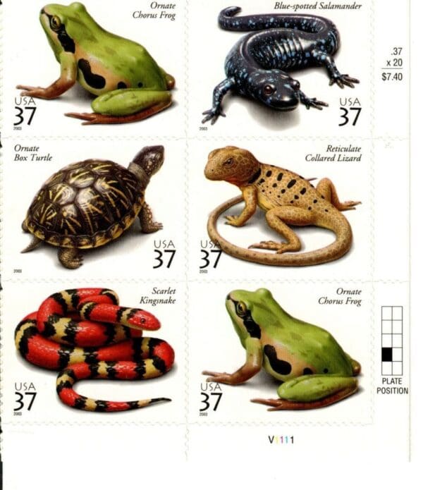 Scott# 3814-18 "REPTILES & AMPHIBIANS" MNH PLATE BLOCK (6)