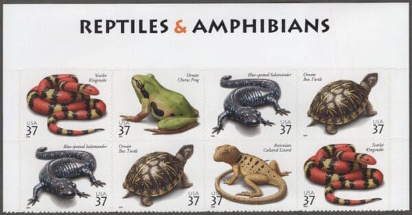 Scott# 3814-18 "REPTILES & AMPHIBIANS" BLOCK (8) MNH WITH HEADER