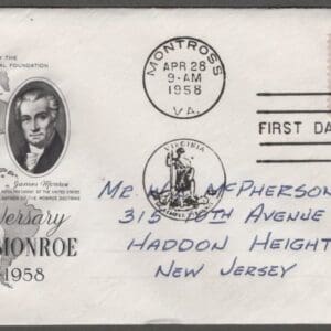 Scott# 1105 "JAMES MONROE - PRESIDENT" ARTCRAFT FIRST DAY COVER